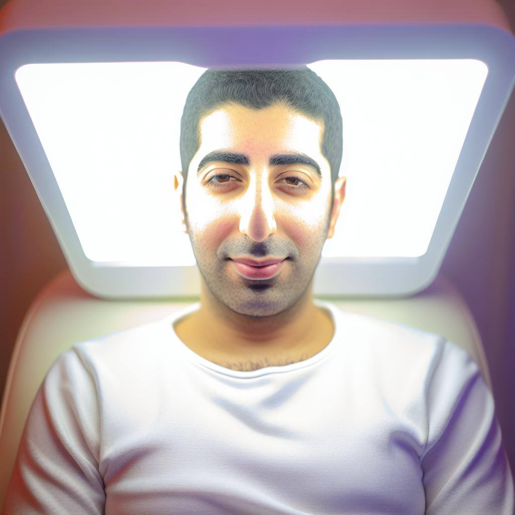 A person sitting in front of a light therapy device, with a soft glow illuminating their face, looking relaxed and rejuvenated.